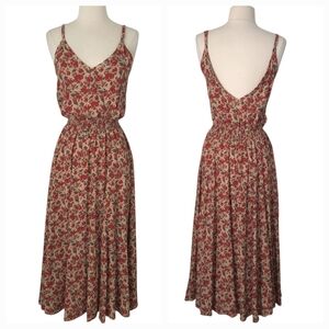 Pampelone Red Beige Floral Alisee Spaghetti Sleeveless Midi Sundress Dress